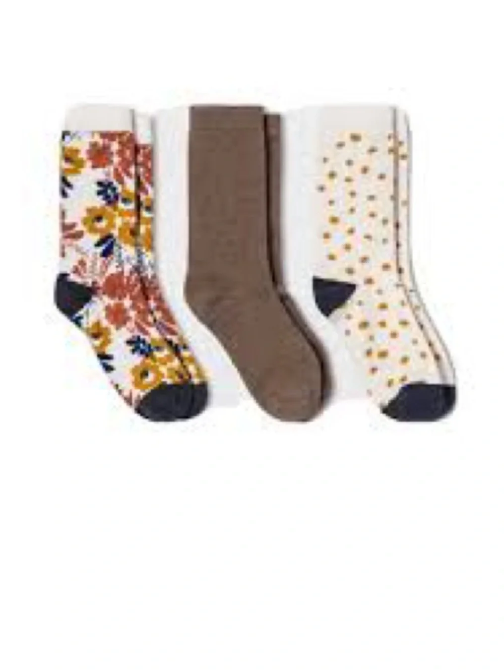 A New Day Women's 3 Pack Crew Socks Shoe Size 4-10 Floral Yellow Dot & Brown New